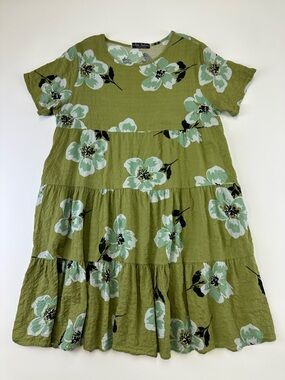 Arisa Floral Cotton Tiered Dress L Olive Green Cottagecore Boho Summer Style